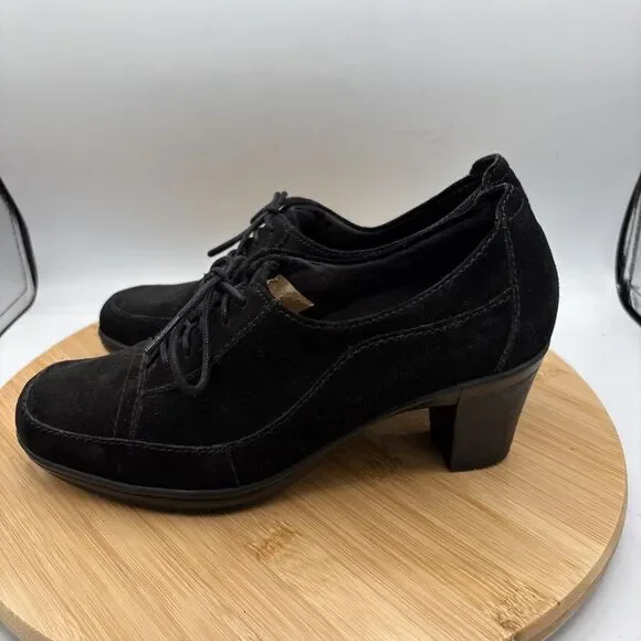 Clarks Bendables Honest Q Black Suede Oxford Pumps Lace Up Womens 8 W Wide Shoe - Picture 3 of 11